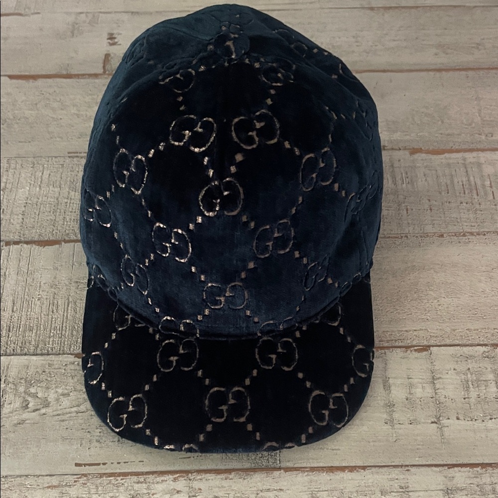 Gucci Navy Velvet Monogram Cap